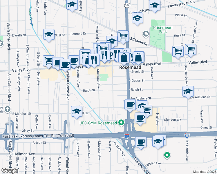 map of restaurants, bars, coffee shops, grocery stores, and more near 3903 Ivar Avenue in Rosemead