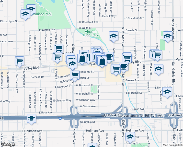 map of restaurants, bars, coffee shops, grocery stores, and more near 405 West Bencamp Street in San Gabriel