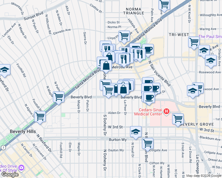 map of restaurants, bars, coffee shops, grocery stores, and more near 9031 Rosewood Avenue in West Hollywood