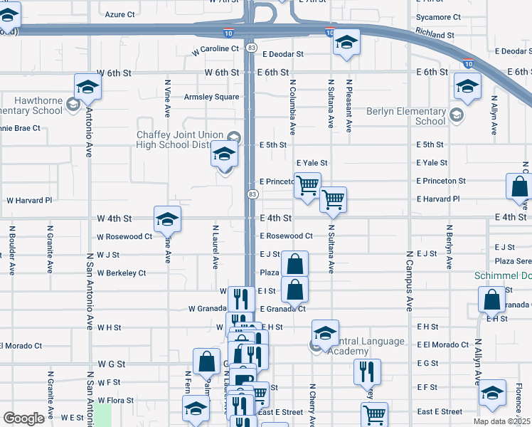 map of restaurants, bars, coffee shops, grocery stores, and more near 115 East 4th Street in Ontario