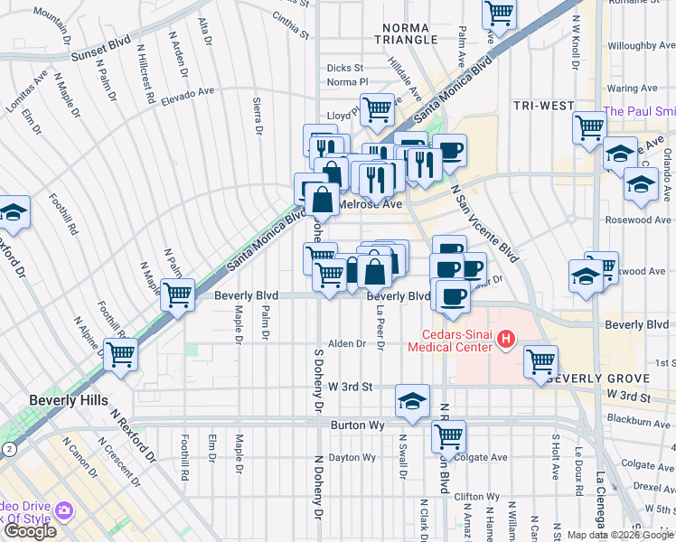map of restaurants, bars, coffee shops, grocery stores, and more near 9031 Rosewood Avenue in West Hollywood