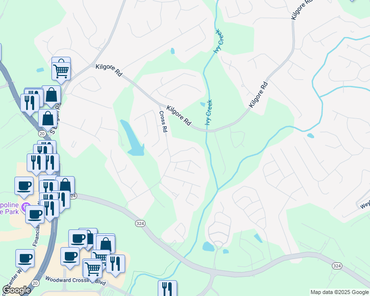 map of restaurants, bars, coffee shops, grocery stores, and more near 2172 Misty Brook Court in Buford
