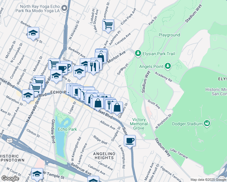 map of restaurants, bars, coffee shops, grocery stores, and more near 1452 Portia Street in Los Angeles
