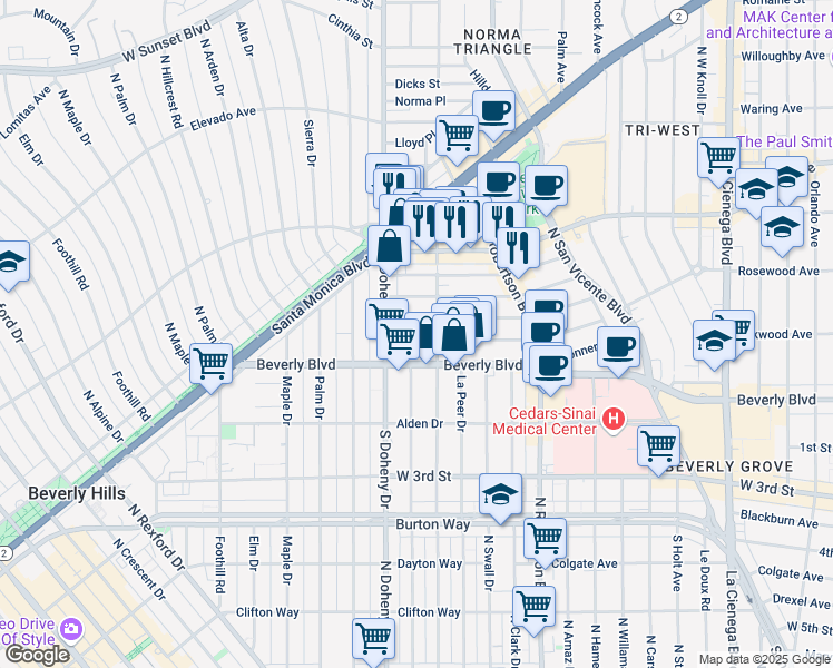 map of restaurants, bars, coffee shops, grocery stores, and more near 9019 Rosewood Avenue in West Hollywood