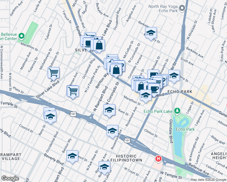 map of restaurants, bars, coffee shops, grocery stores, and more near North Coronado Street in Los Angeles