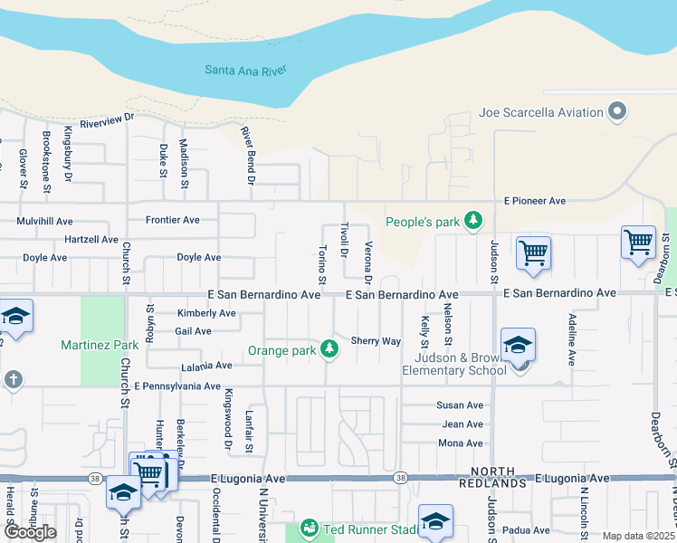 map of restaurants, bars, coffee shops, grocery stores, and more near 1659 Tivoli Drive in Redlands