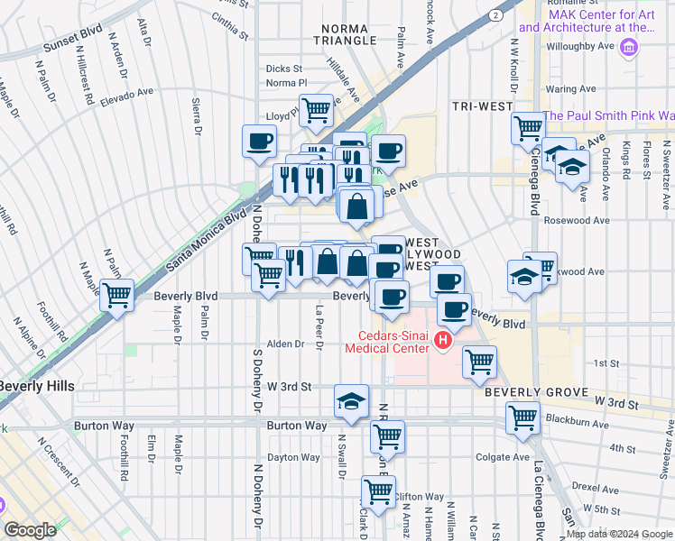map of restaurants, bars, coffee shops, grocery stores, and more near 8901 Rosewood Avenue in West Hollywood