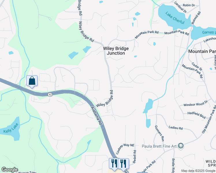 map of restaurants, bars, coffee shops, grocery stores, and more near 999 Wiley Bridge Road in Woodstock