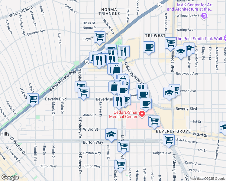 map of restaurants, bars, coffee shops, grocery stores, and more near 8835 Rosewood Avenue in West Hollywood