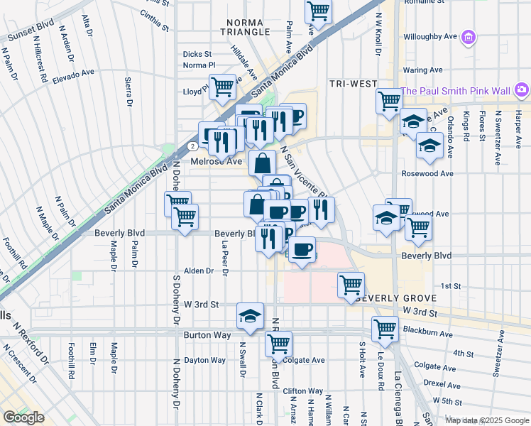 map of restaurants, bars, coffee shops, grocery stores, and more near 8815 Rosewood Avenue in West Hollywood