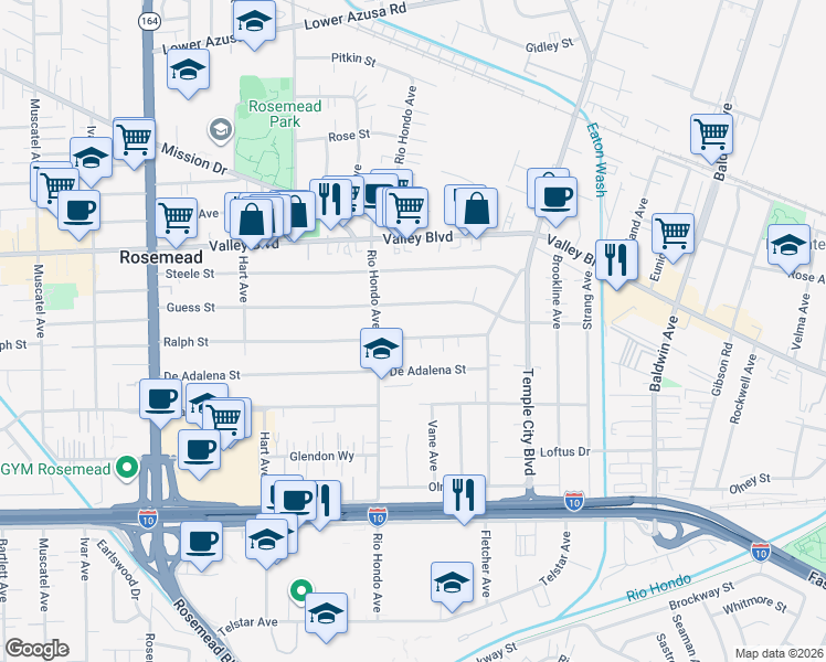 map of restaurants, bars, coffee shops, grocery stores, and more near 9426 Guess Street in Rosemead