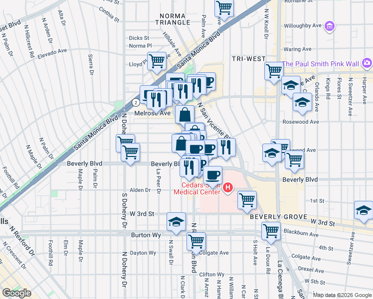 map of restaurants, bars, coffee shops, grocery stores, and more near 8808 Ashcroft Avenue in West Hollywood