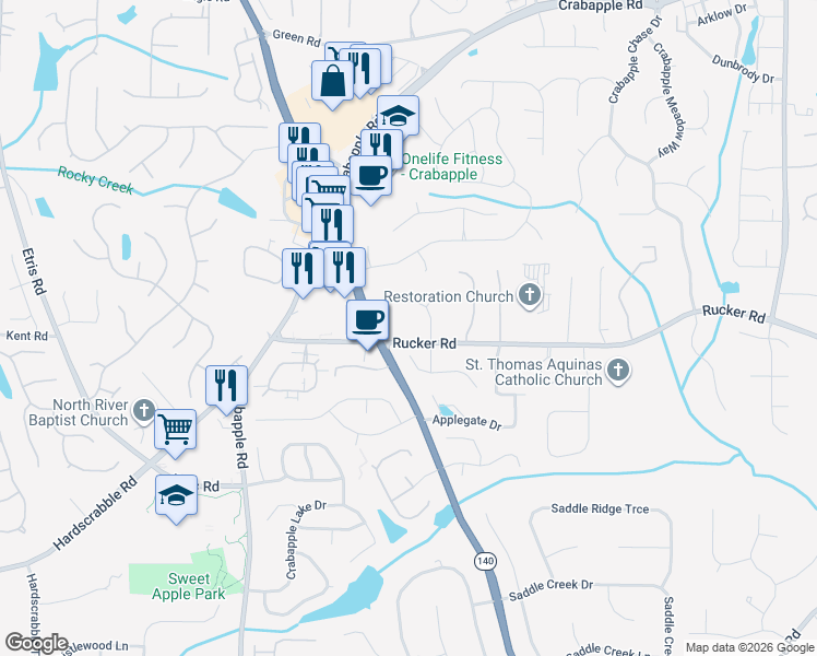 map of restaurants, bars, coffee shops, grocery stores, and more near 282 Rucker Road in Alpharetta