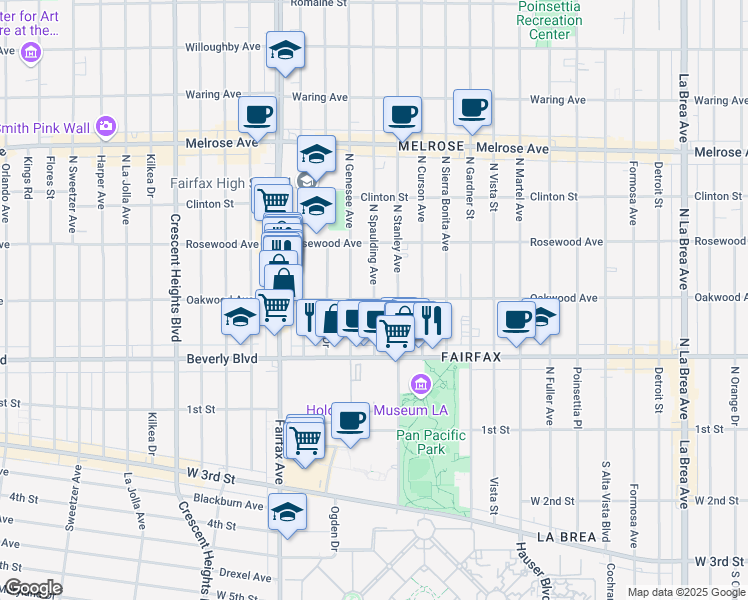 map of restaurants, bars, coffee shops, grocery stores, and more near Oakwood Avenue & North Spaulding Avenue in Los Angeles