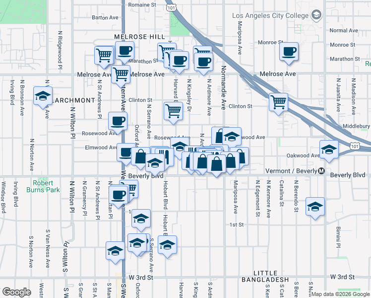 map of restaurants, bars, coffee shops, grocery stores, and more near 428 North Kingsley Drive in Los Angeles