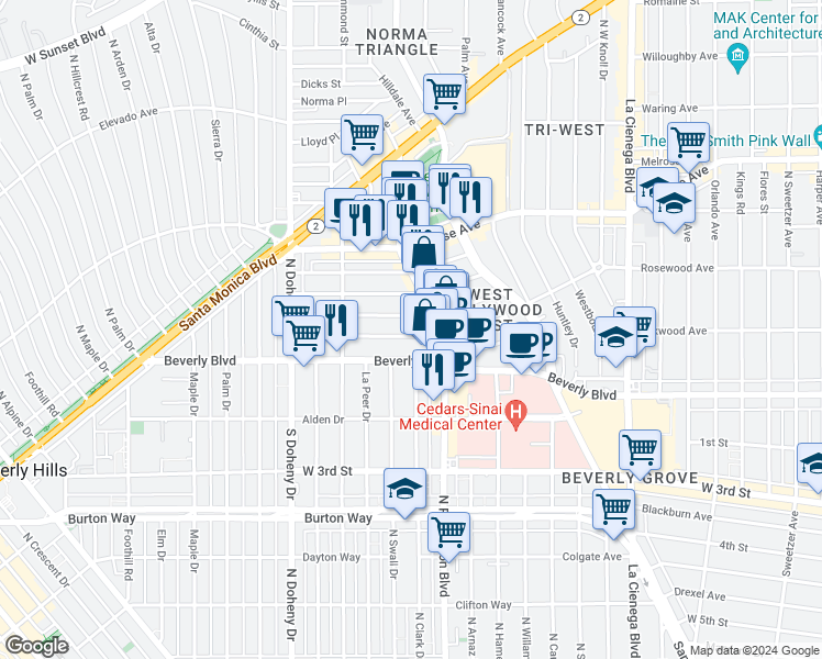 map of restaurants, bars, coffee shops, grocery stores, and more near 8835 Rosewood Avenue in West Hollywood