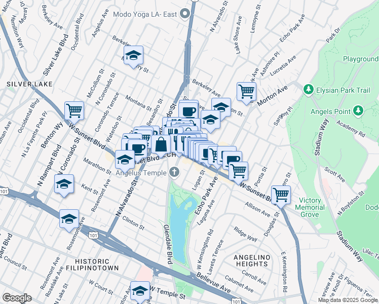 map of restaurants, bars, coffee shops, grocery stores, and more near 1827 Sunset Boulevard in Los Angeles