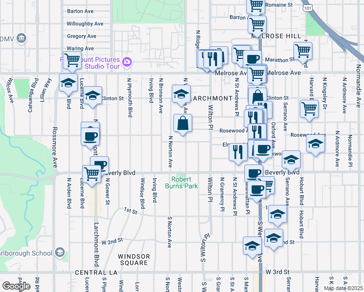 map of restaurants, bars, coffee shops, grocery stores, and more near 367 North Van Ness Avenue in Los Angeles