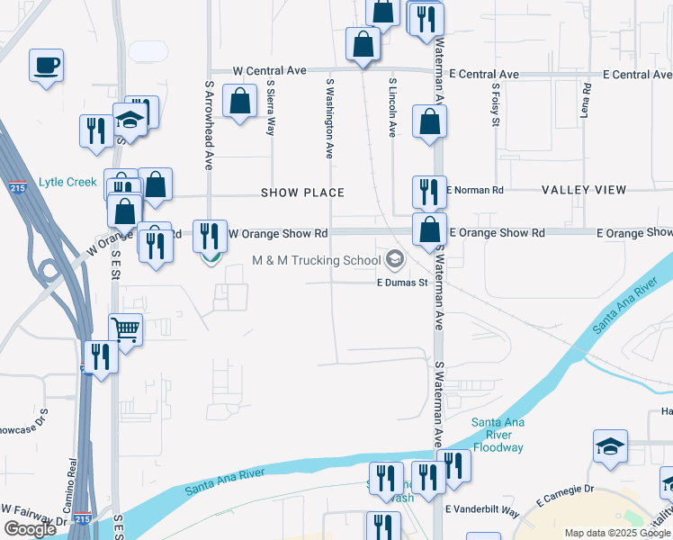 map of restaurants, bars, coffee shops, grocery stores, and more near 1245 South Washington Avenue in San Bernardino