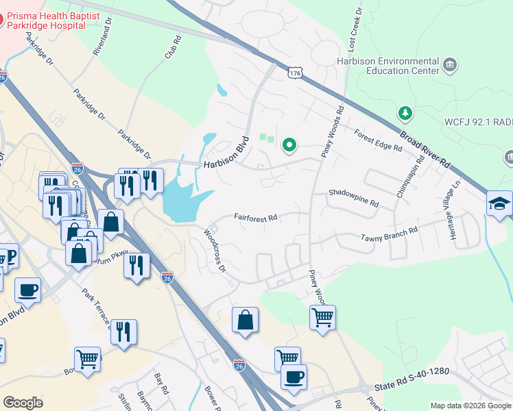 map of restaurants, bars, coffee shops, grocery stores, and more near 151 Windstone Drive in Columbia