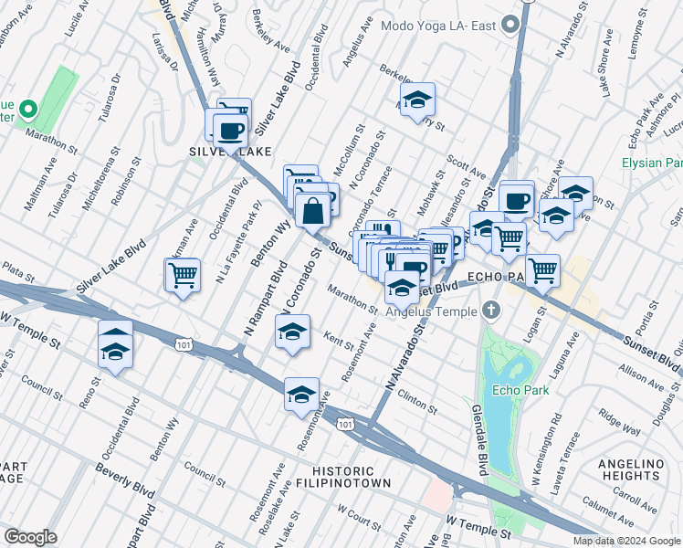 map of restaurants, bars, coffee shops, grocery stores, and more near 1024 Coronado Terrace in Los Angeles
