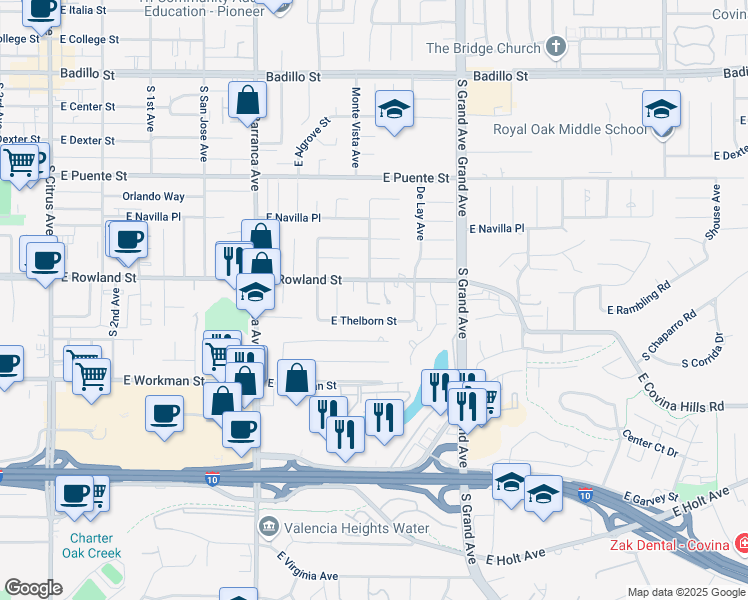 map of restaurants, bars, coffee shops, grocery stores, and more near 690 East Rowland Street in Covina