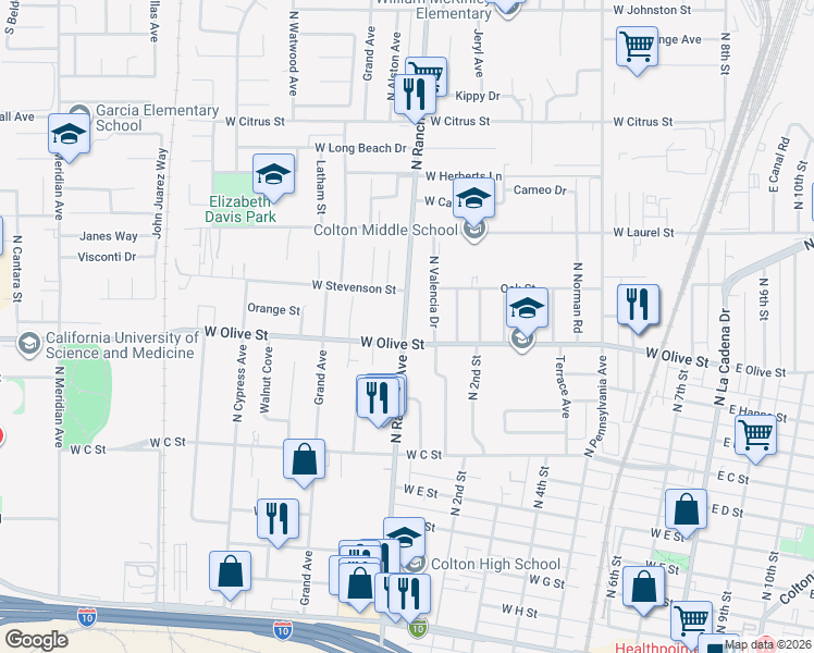 map of restaurants, bars, coffee shops, grocery stores, and more near 1170 North Rancho Avenue in Colton