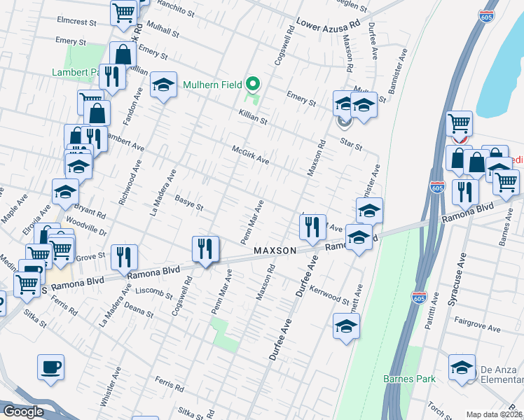 map of restaurants, bars, coffee shops, grocery stores, and more near 12130 Lambert Avenue in El Monte