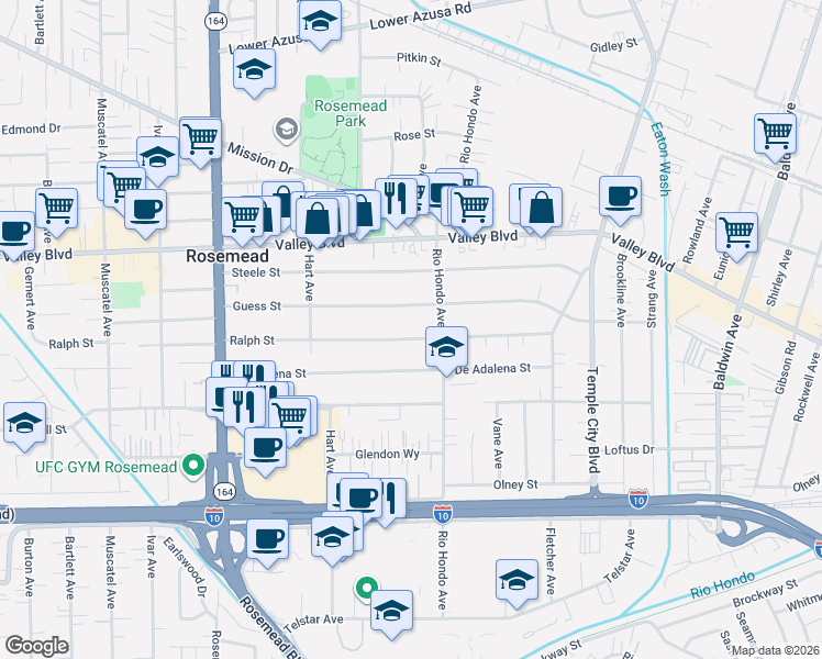 map of restaurants, bars, coffee shops, grocery stores, and more near 3859 Rio Hondo Avenue in Rosemead
