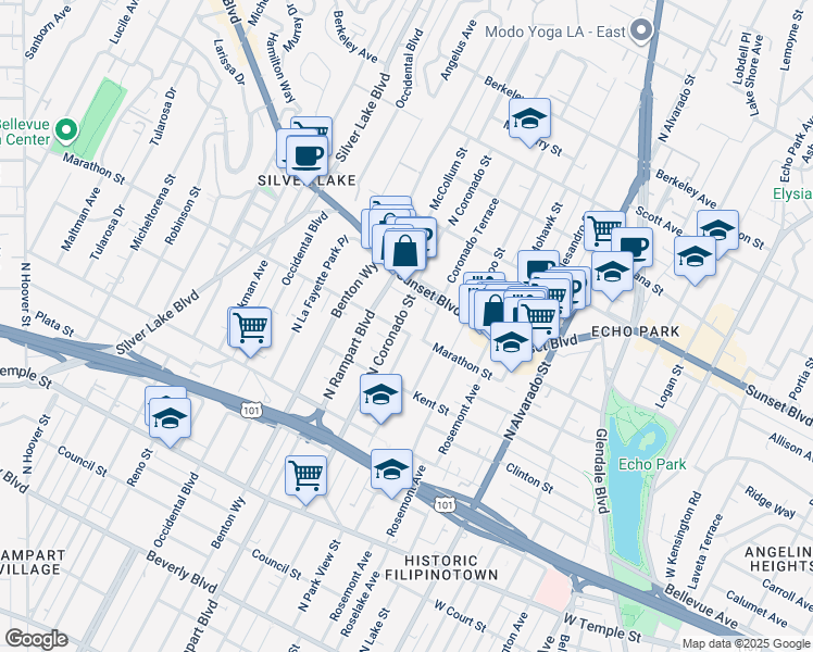 map of restaurants, bars, coffee shops, grocery stores, and more near 1018 North Coronado Street in Los Angeles