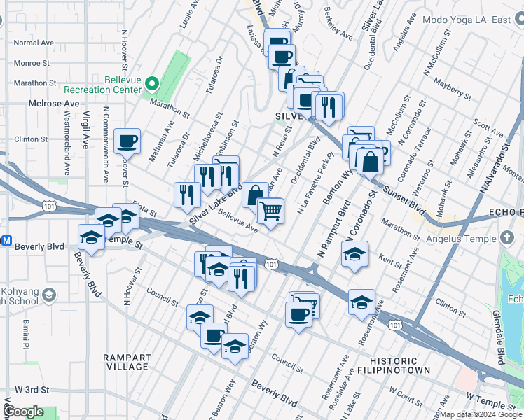 map of restaurants, bars, coffee shops, grocery stores, and more near 637 Parkman Avenue in Los Angeles