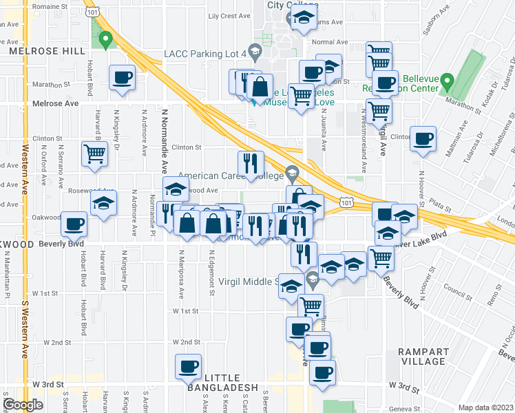 map of restaurants, bars, coffee shops, grocery stores, and more near 4126 Rosewood Avenue in Los Angeles