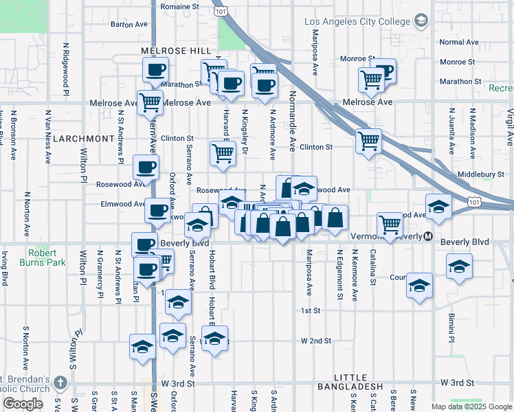 map of restaurants, bars, coffee shops, grocery stores, and more near 426 North Ardmore Avenue in Los Angeles