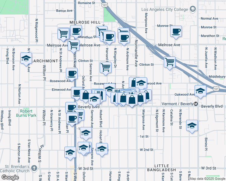 map of restaurants, bars, coffee shops, grocery stores, and more near 428 North Kingsley Drive in Los Angeles