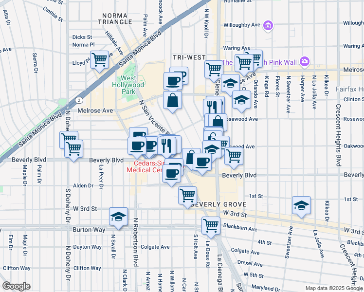 map of restaurants, bars, coffee shops, grocery stores, and more near in West Hollywood