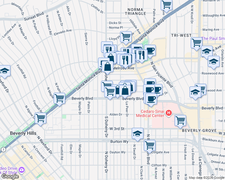 map of restaurants, bars, coffee shops, grocery stores, and more near 9034 Ashcroft Avenue in West Hollywood