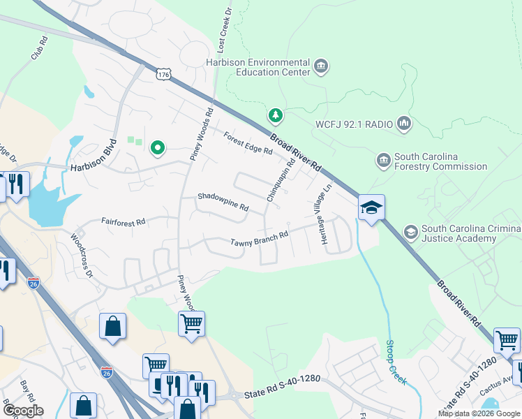 map of restaurants, bars, coffee shops, grocery stores, and more near 101 Chinquapin Circle in Columbia