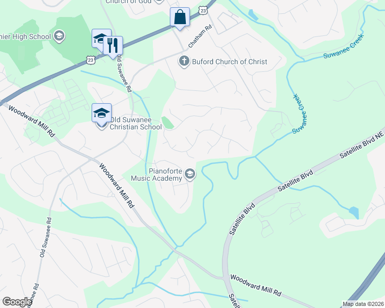 map of restaurants, bars, coffee shops, grocery stores, and more near 3985 Creekview Ridge Court Northeast in Buford