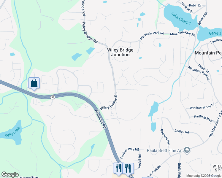 map of restaurants, bars, coffee shops, grocery stores, and more near 999 Wiley Bridge Road in Woodstock