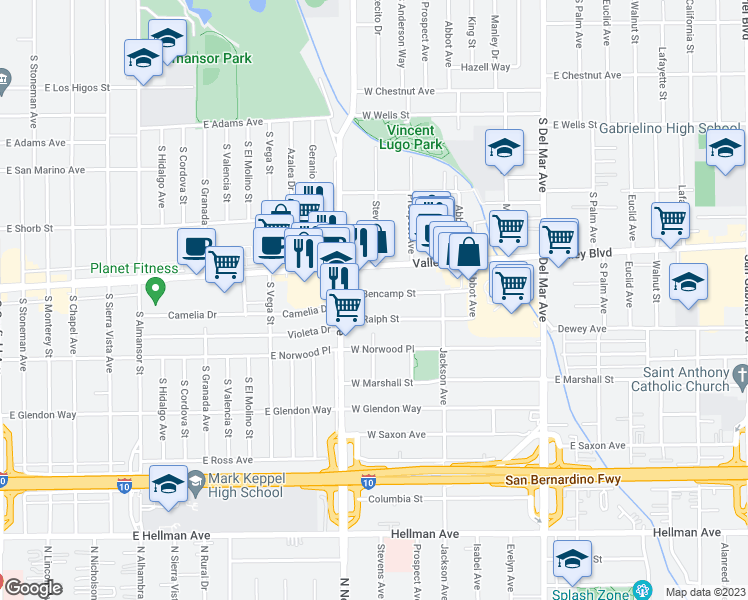 map of restaurants, bars, coffee shops, grocery stores, and more near 500 West Bencamp Street in San Gabriel