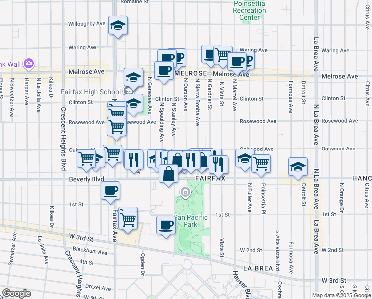 map of restaurants, bars, coffee shops, grocery stores, and more near Oakwood Avenue & North Curson Avenue in Los Angeles