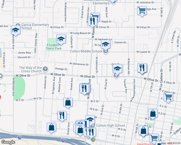 map of restaurants, bars, coffee shops, grocery stores, and more near 1170 North Rancho Avenue in Colton