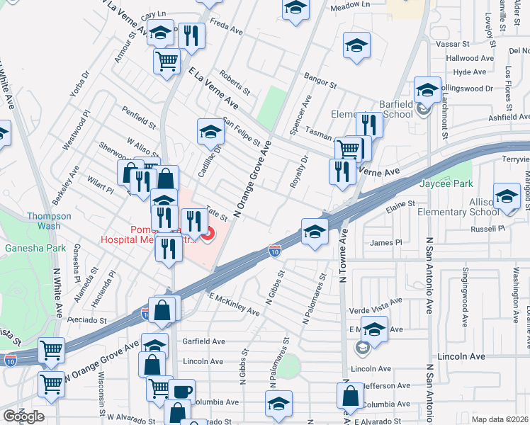 map of restaurants, bars, coffee shops, grocery stores, and more near 1940 Ervilla Place in Pomona