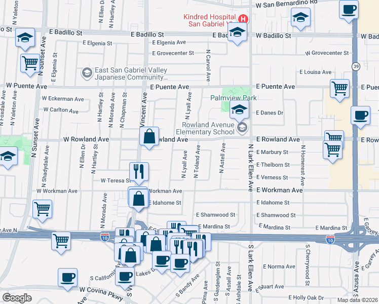 map of restaurants, bars, coffee shops, grocery stores, and more near 1137 East Marbury Street in West Covina