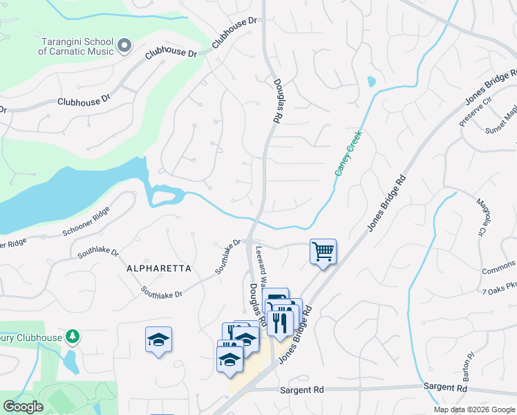 map of restaurants, bars, coffee shops, grocery stores, and more near 120 Leeward Run Court in Alpharetta