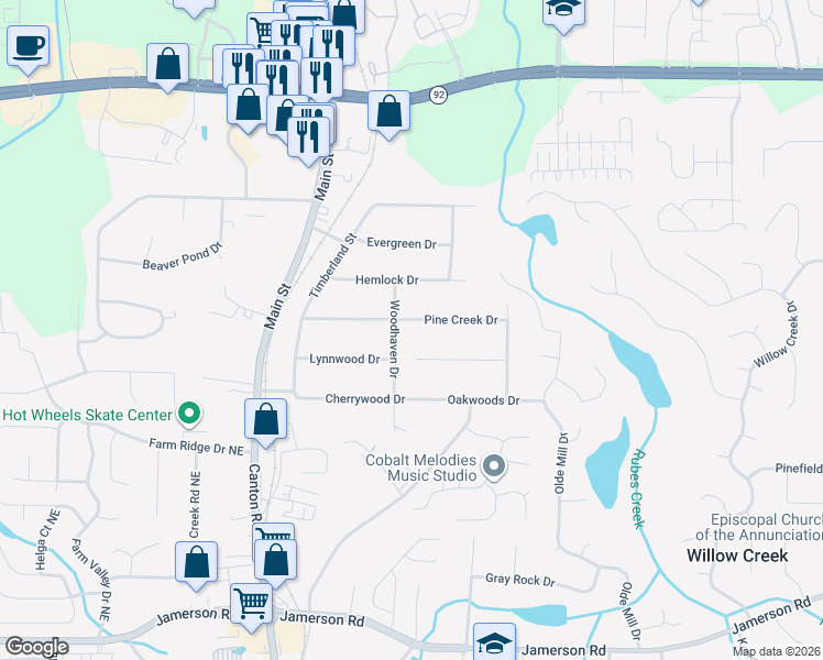 map of restaurants, bars, coffee shops, grocery stores, and more near 420 Creek Valley Drive in Woodstock