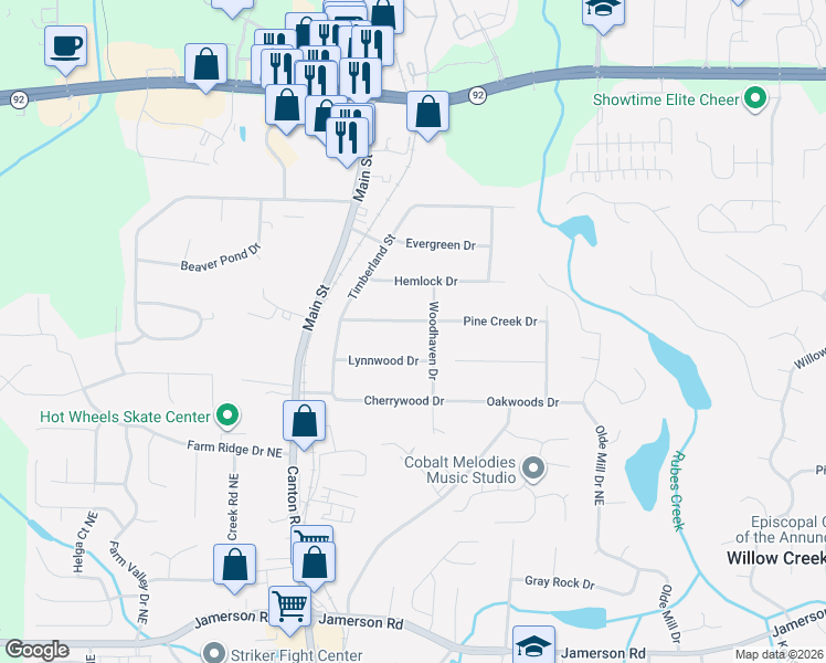 map of restaurants, bars, coffee shops, grocery stores, and more near 414 Creek Valley Drive in Woodstock