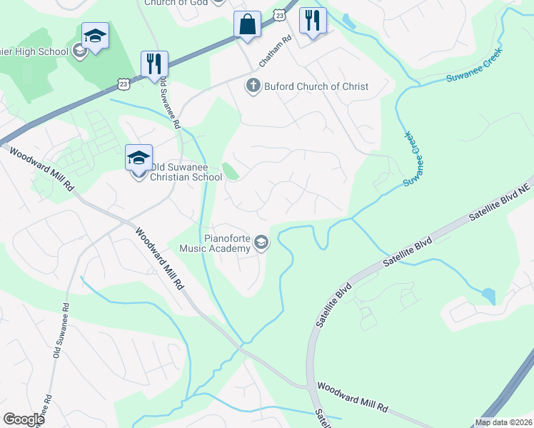 map of restaurants, bars, coffee shops, grocery stores, and more near 3985 Creekview Ridge Court Northeast in Buford