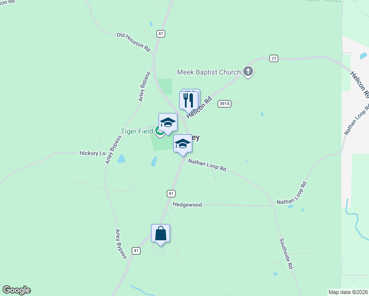 map of restaurants, bars, coffee shops, grocery stores, and more near 6615 County Road 41 in Arley