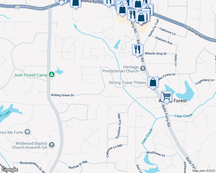 map of restaurants, bars, coffee shops, grocery stores, and more near 1064 Rolling Green Drive in Acworth